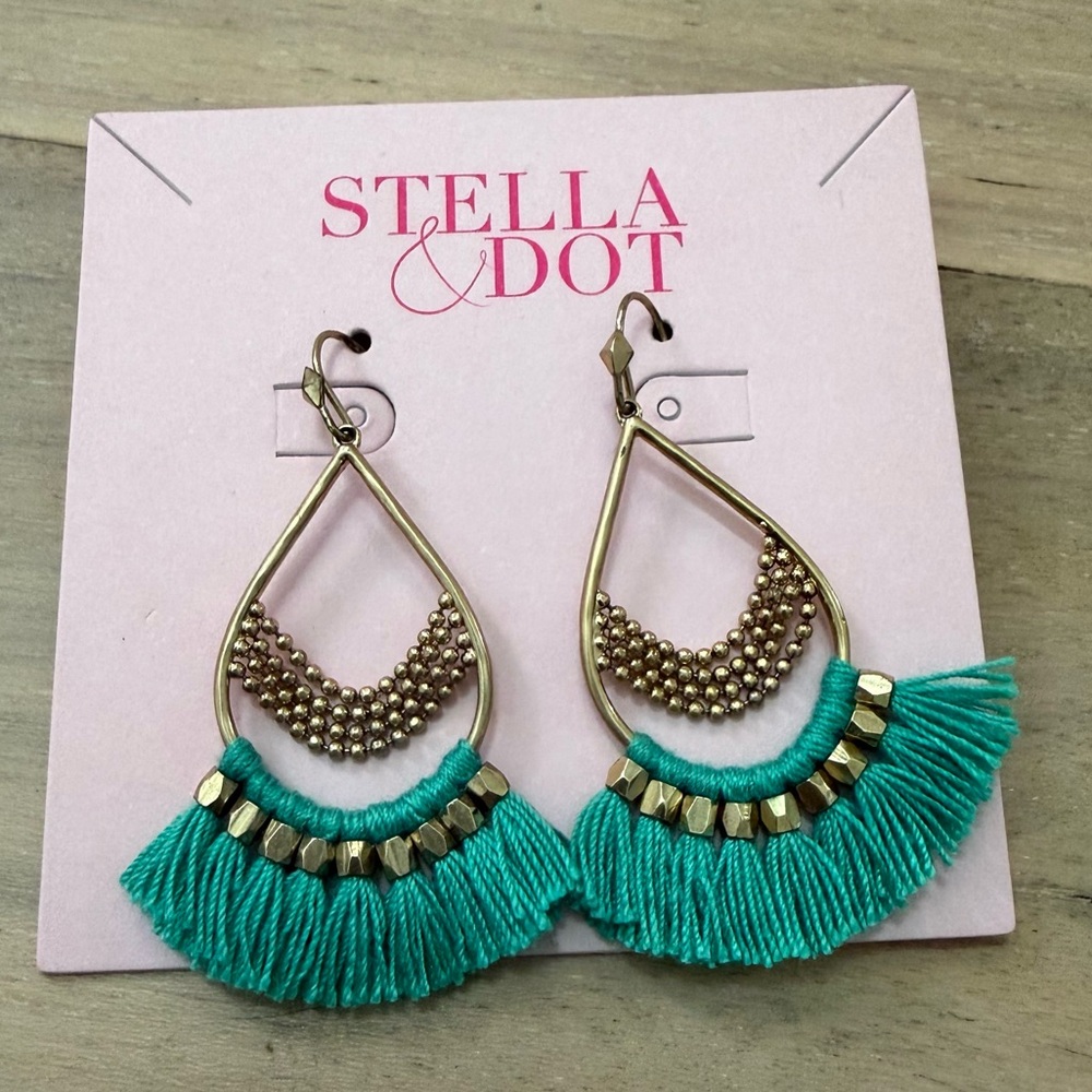 Stella & Dot Roman Chandelier Gold and Turquoise Fringe Earrings